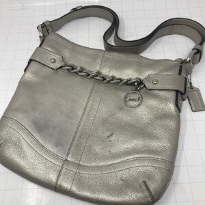 Used Coach Handbag Gray Metallic Shoulder Bag Pebbled Leather C-1275-F19722